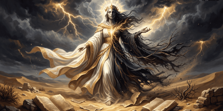 Representación de El trueno una mente perfecta como una figura femenina en un desierto bajo una tormenta de rayos: una mitad de su cuerpo viste de blanco y oro, con corona y halo, y la otra mitad es oscura y se deshace en ramas secas, mientras a sus pies hay libros y papiros antiguos esparcidos por la arena.