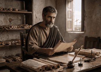 Recreación Marción leyendo un rollo de papiro en una habitación llena de rollos, junto a una mesa con balanzas y un tintero, mientras por la ventana se ven barcos de vela en un puerto.
