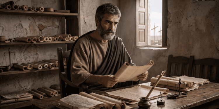Recreación Marción leyendo un rollo de papiro en una habitación llena de rollos, junto a una mesa con balanzas y un tintero, mientras por la ventana se ven barcos de vela en un puerto.