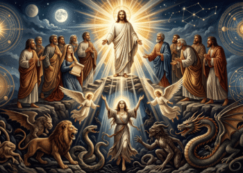 Pintura de Jesús resucitado envuelto en luz sobre un monte bajo la luna llena, rodeado por sus discípulos y por María Magdalena, mientras dos ángeles rescatan a Pistis Sophia del caos, poblado por un león, serpientes y un dragón, entre círculos astrológicos que representan las esferas del destino.