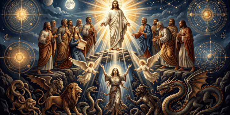 Pintura de Jesús resucitado envuelto en luz sobre un monte bajo la luna llena, rodeado por sus discípulos y por María Magdalena, mientras dos ángeles rescatan a Pistis Sophia del caos, poblado por un león, serpientes y un dragón, entre círculos astrológicos que representan las esferas del destino.