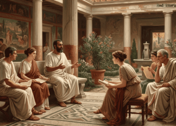 Valentín y los valentinianos: pintura de estilo académico en la que un maestro de rasgos egipcios, con barba y pallium blanco, enseña sentado en el patio de una casa romana a un grupo de hombres y mujeres que sostienen rollos de papiro, junto a una fuente, plantas y paredes decoradas con frescos.