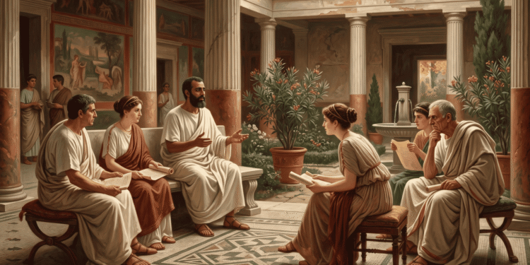 Valentín y los valentinianos: pintura de estilo académico en la que un maestro de rasgos egipcios, con barba y pallium blanco, enseña sentado en el patio de una casa romana a un grupo de hombres y mujeres que sostienen rollos de papiro, junto a una fuente, plantas y paredes decoradas con frescos.
