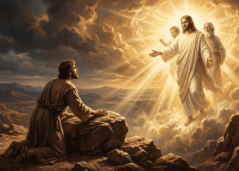 Pintura al óleo en la que un hombre arrodillado en un monte rocoso contempla una aparición luminosa entre las nubes: una figura de túnica blanca acompañada por un niño y un anciano, rodeados de rayos de luz dorada, reproduciendo el Apócrifo de Juan.