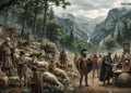Representación artística de Arcadia mostrando vida pastoral con rebaños de ovejas y civiles pastores adorando a Pan (dios con cuernos) en altar izquierda, contrastando con guerreros mercenarios arcadios armados con lanzas y escudos formados en la derecha, fortaleza de Megalópolis visible en montaña de fondo, río y paisaje montañoso del interior Peloponeso