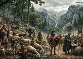 Representación artística de Arcadia mostrando vida pastoral con rebaños de ovejas y civiles pastores adorando a Pan (dios con cuernos) en altar izquierda, contrastando con guerreros mercenarios arcadios armados con lanzas y escudos formados en la derecha, fortaleza de Megalópolis visible en montaña de fondo, río y paisaje montañoso del interior Peloponeso