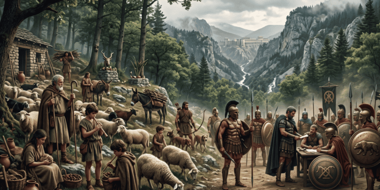 Representación artística de Arcadia mostrando vida pastoral con rebaños de ovejas y civiles pastores adorando a Pan (dios con cuernos) en altar izquierda, contrastando con guerreros mercenarios arcadios armados con lanzas y escudos formados en la derecha, fortaleza de Megalópolis visible en montaña de fondo, río y paisaje montañoso del interior Peloponeso