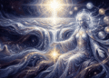Representación artística gnóstica de Barbeló, la Madre suprema, emergiendo como una figura divina de tres rostros vestida con túnicas luminosas sobre un océano cósmico de agua viva. Al fondo, una brillante luz celestial simboliza al Dios inefable, rodeada por esferas de eones en un firmamento místico.