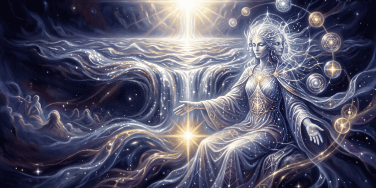 Representación artística gnóstica de Barbeló, la Madre suprema, emergiendo como una figura divina de tres rostros vestida con túnicas luminosas sobre un océano cósmico de agua viva. Al fondo, una brillante luz celestial simboliza al Dios inefable, rodeada por esferas de eones en un firmamento místico.