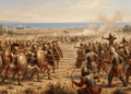 Ilustración en estilo de pintura de la batalla de Maratón. A la izquierda, hoplitas griegos con cascos corintios, corazas de bronce y escudos dorados, algunos con búho; a la derecha, arqueros y guerreros persas con tocados y túnicas. Al fondo, la costa con trirremes en el mar.