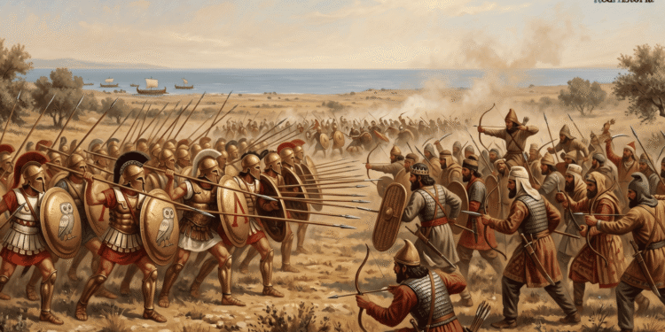 Ilustración en estilo de pintura de la batalla de Maratón. A la izquierda, hoplitas griegos con cascos corintios, corazas de bronce y escudos dorados, algunos con búho; a la derecha, arqueros y guerreros persas con tocados y túnicas. Al fondo, la costa con trirremes en el mar.