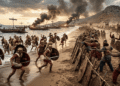 Ilustración fotorrealista de la batalla de Mícale. A la izquierda, hoplitas griegos con escudos de bronce y cascos corintios avanzan por la playa hacia la orilla; a la derecha, combatientes persas tras una barrera de estacas y escudos de mimbre. Al fondo, trirremes en el mar, dos de ellas en llamas, y una costa montañosa.