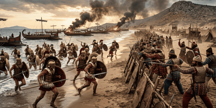 Ilustración fotorrealista de la batalla de Mícale. A la izquierda, hoplitas griegos con escudos de bronce y cascos corintios avanzan por la playa hacia la orilla; a la derecha, combatientes persas tras una barrera de estacas y escudos de mimbre. Al fondo, trirremes en el mar, dos de ellas en llamas, y una costa montañosa.