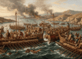 Ilustración en estilo de pintura de la batalla de Salamina. En primer plano, trirremes griegas con hoplitas en cubierta, con escudos de bronce, uno con búho, se enfrentan a naves persas con arqueros y guerreros con tocados. Al fondo, humo sobre una costa incendiada y barcos en el mar. Restos de madera y remeros en el agua.