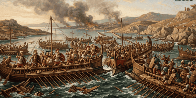 Ilustración en estilo de pintura de la batalla de Salamina. En primer plano, trirremes griegas con hoplitas en cubierta, con escudos de bronce, uno con búho, se enfrentan a naves persas con arqueros y guerreros con tocados. Al fondo, humo sobre una costa incendiada y barcos en el mar. Restos de madera y remeros en el agua.