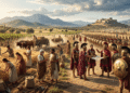 Representación artística de la antigua Beocia mostrando civiles beocios trabajando en campos de cultivo y trigo en primer plano (izquierda), mientras guerreros hoplitas formados con escudos dorados y lanzas se preparan para la batalla (derecha), con montañas y la acrópolis de Tebas visible al fondo en el paisaje montañoso de Beocia
