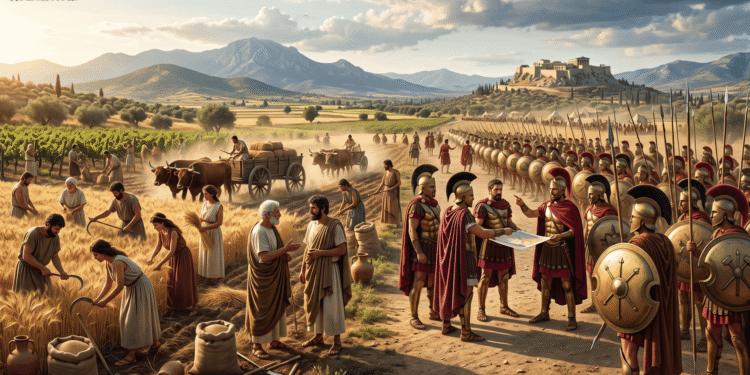 Representación artística de la antigua Beocia mostrando civiles beocios trabajando en campos de cultivo y trigo en primer plano (izquierda), mientras guerreros hoplitas formados con escudos dorados y lanzas se preparan para la batalla (derecha), con montañas y la acrópolis de Tebas visible al fondo en el paisaje montañoso de Beocia