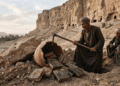 Recreación del hallazgo de Nag Hammadi: un campesino egipcio con turbante y galabiya rompe con una azada una gran jarra de barro junto a una roca, al pie de un acantilado con cuevas funerarias, mientras dos jóvenes observan los códices encuadernados en cuero esparcidos por el suelo.