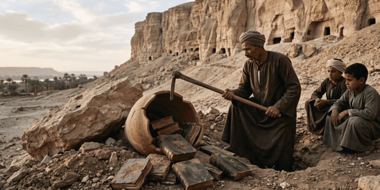 Recreación del hallazgo de Nag Hammadi: un campesino egipcio con turbante y galabiya rompe con una azada una gran jarra de barro junto a una roca, al pie de un acantilado con cuevas funerarias, mientras dos jóvenes observan los códices encuadernados en cuero esparcidos por el suelo.