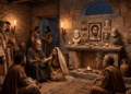 Reunión nocturna de los carpocracianos en una sala de piedra: un maestro con un rollo enseña a sus discípulos junto a un altar con un retrato de Jesús al estilo de El Fayum, rodeado de bustos y retratos de filósofos griegos, flores, lámparas de aceite e incienso.