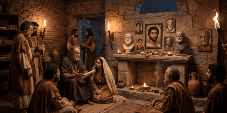 Reunión nocturna de los carpocracianos en una sala de piedra: un maestro con un rollo enseña a sus discípulos junto a un altar con un retrato de Jesús al estilo de El Fayum, rodeado de bustos y retratos de filósofos griegos, flores, lámparas de aceite e incienso.