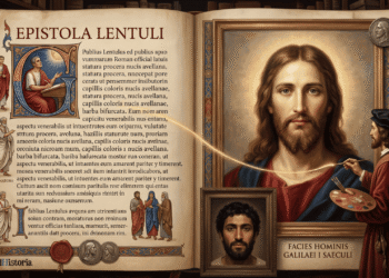 Pintor renacentista retocando un retrato de Jesús de pelo largo castaño con raya en medio y barba bífida, junto a una medalla con su perfil y un recuadro con la reconstrucción del rostro de un galileo del siglo I, de piel morena, pelo corto y rizado y barba oscura.
