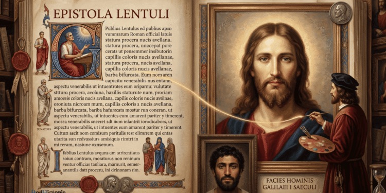 Pintor renacentista retocando un retrato de Jesús de pelo largo castaño con raya en medio y barba bífida, junto a una medalla con su perfil y un recuadro con la reconstrucción del rostro de un galileo del siglo I, de piel morena, pelo corto y rizado y barba oscura.
