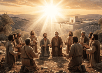 Los apóstoles arrodillados en círculo entre olivos en el monte de los Olivos, con las manos abiertas en oración, mientras una gran luz desciende del cielo al atardecer, con las colinas de Jerusalén al fondo, representando un momento de la Cara de Pedro a Felipe.