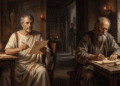 Pintura de estilo académico que muestra al filósofo Séneca, con toga blanca de franja púrpura, leyendo una carta en una estancia romana decorada con frescos, y al apóstol Pablo, anciano y barbado, escribiendo en una habitación humilde mientras un soldado vigila desde la puerta.