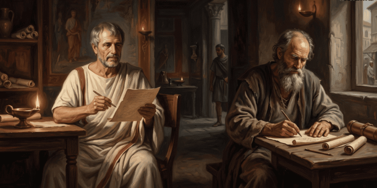 Pintura de estilo académico que muestra al filósofo Séneca, con toga blanca de franja púrpura, leyendo una carta en una estancia romana decorada con frescos, y al apóstol Pablo, anciano y barbado, escribiendo en una habitación humilde mientras un soldado vigila desde la puerta.