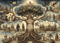 Ilustración de un gran árbol titulado "Gnosis", cuyas ramas y raíces representan las corrientes gnósticas principales: Simón el Mago, Menandro, Saturnino, Basílides con Abraxas, ofitas y naasenos, setianos, cainitas, valentinianos, borborianos, maniqueos, mandeos, Prisciliano, paulicianos, bogomilos y cátaros.