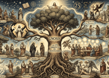 Ilustración de un gran árbol titulado "Gnosis", cuyas ramas y raíces representan las corrientes gnósticas principales: Simón el Mago, Menandro, Saturnino, Basílides con Abraxas, ofitas y naasenos, setianos, cainitas, valentinianos, borborianos, maniqueos, mandeos, Prisciliano, paulicianos, bogomilos y cátaros.