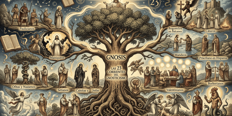 Ilustración de un gran árbol titulado "Gnosis", cuyas ramas y raíces representan las corrientes gnósticas principales: Simón el Mago, Menandro, Saturnino, Basílides con Abraxas, ofitas y naasenos, setianos, cainitas, valentinianos, borborianos, maniqueos, mandeos, Prisciliano, paulicianos, bogomilos y cátaros.