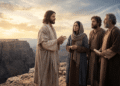 El Diálogo del Salvador: Jesús hablando con tres discípulos, una mujer con velo y dos hombres, uno de ellos mayor con un rollo en la mano, al borde de un precipicio sobre un valle profundo, bajo un cielo al atardecer en el que se abre un resplandor estrellado.