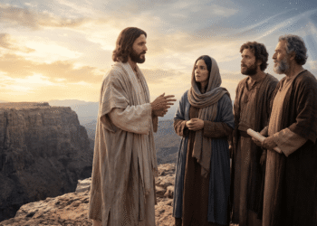 El Diálogo del Salvador: Jesús hablando con tres discípulos, una mujer con velo y dos hombres, uno de ellos mayor con un rollo en la mano, al borde de un precipicio sobre un valle profundo, bajo un cielo al atardecer en el que se abre un resplandor estrellado.