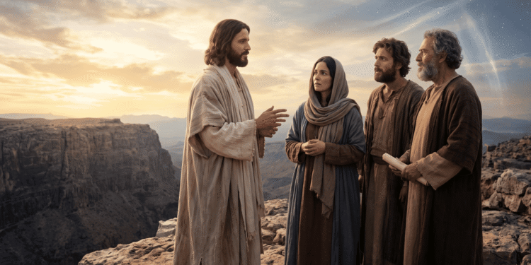 El Diálogo del Salvador: Jesús hablando con tres discípulos, una mujer con velo y dos hombres, uno de ellos mayor con un rollo en la mano, al borde de un precipicio sobre un valle profundo, bajo un cielo al atardecer en el que se abre un resplandor estrellado.