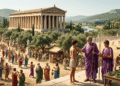 Representación artística de los eleos y Olimpia bajo control de Élida mostrando el Templo de Zeus de Libón en primer plano, Helanodikai (jueces eleos vestidos de púrpura) presidiendo los Juegos Olímpicos con atletas compitiendo, multitud de peregrinos griegos realizando sacrificios y actos ceremoniales, río Alfeo y paisaje montañoso de fondo