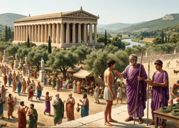 Representación artística de los eleos y Olimpia bajo control de Élida mostrando el Templo de Zeus de Libón en primer plano, Helanodikai (jueces eleos vestidos de púrpura) presidiendo los Juegos Olímpicos con atletas compitiendo, multitud de peregrinos griegos realizando sacrificios y actos ceremoniales, río Alfeo y paisaje montañoso de fondo