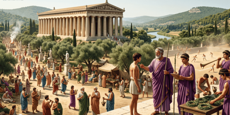 Representación artística de los eleos y Olimpia bajo control de Élida mostrando el Templo de Zeus de Libón en primer plano, Helanodikai (jueces eleos vestidos de púrpura) presidiendo los Juegos Olímpicos con atletas compitiendo, multitud de peregrinos griegos realizando sacrificios y actos ceremoniales, río Alfeo y paisaje montañoso de fondo