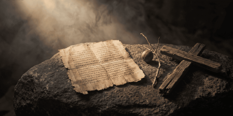Bodegón en penumbra con un papiro escrito en caracteres antiguos sobre una roca, junto a una cruz de madera tosca y una rama seca con un pequeño fruto, iluminados por un rayo de luz que atraviesa la niebla, representando al Evangelio de la Verdad.