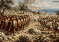 Ilustración de la Guerra del Peloponeso: hoplitas en combate en un paisaje de olivos y costa rocosa. A la izquierda, espartanos con escudos marcados con la lambda y capas rojas; a la derecha, hoplitas con escudos de búho y otros emblemas. Al fondo, trirremes en el mar.