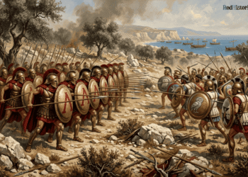 Ilustración de la Guerra del Peloponeso: hoplitas en combate en un paisaje de olivos y costa rocosa. A la izquierda, espartanos con escudos marcados con la lambda y capas rojas; a la derecha, hoplitas con escudos de búho y otros emblemas. Al fondo, trirremes en el mar.