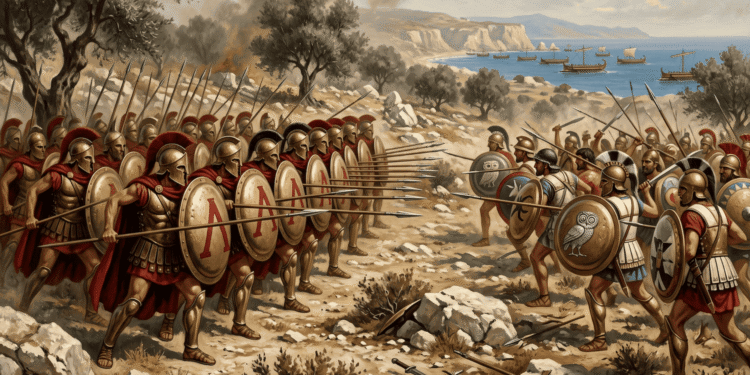 Ilustración de la Guerra del Peloponeso: hoplitas en combate en un paisaje de olivos y costa rocosa. A la izquierda, espartanos con escudos marcados con la lambda y capas rojas; a la derecha, hoplitas con escudos de búho y otros emblemas. Al fondo, trirremes en el mar.