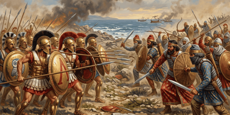 Ilustración de las guerras médicas: hoplitas griegos con escudos de bronce, uno con lambda y otro con búho, enfrentados a soldados persas con escudos de mimbre sobre una costa rocosa, con humo y barcos al fondo.