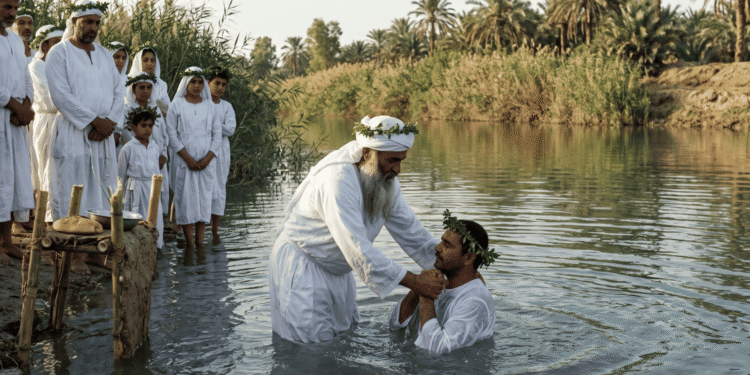Recreación de un bautismo mandeo en un río del sur de Irak: un sacerdote con barba blanca, turbante y corona de mirto sumerge a un fiel vestido de blanco, mientras hombres, mujeres y niños con túnicas blancas y coronas de mirto esperan en la orilla junto a una mesa de caña con pan.