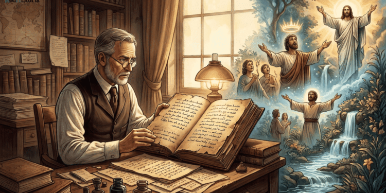Ilustración de las Odas de Salomón: un erudito con gafas y chaleco estudiando un antiguo manuscrito en un despacho lleno de libros, junto a una visión de figuras con los brazos extendidos, una corona luminosa, cascadas de agua viva y Cristo glorioso.