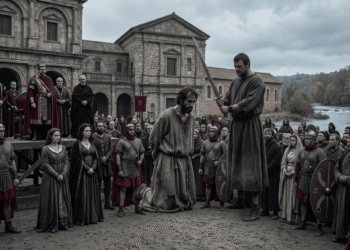 Recreación de la ejecución de Prisciliano en Tréveris: un hombre con túnica y las manos atadas, arrodillado ante un verdugo con espada, frente a una multitud y soldados romanos, mientras el emperador con manto púrpura y varios obispos observan desde una tribuna junto a un río.