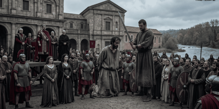 Recreación de la ejecución de Prisciliano en Tréveris: un hombre con túnica y las manos atadas, arrodillado ante un verdugo con espada, frente a una multitud y soldados romanos, mientras el emperador con manto púrpura y varios obispos observan desde una tribuna junto a un río.