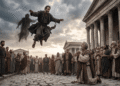 Escena en la que Simón el Mago se eleva en el aire sobre una calle empedrada de Roma, con una sombra oscura a su espalda, mientras el apóstol Pedro, arrodillado, reza con las manos juntas ante una multitud asombrada junto a templos de columnas.