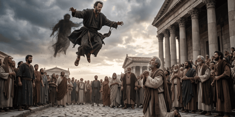 Escena en la que Simón el Mago se eleva en el aire sobre una calle empedrada de Roma, con una sombra oscura a su espalda, mientras el apóstol Pedro, arrodillado, reza con las manos juntas ante una multitud asombrada junto a templos de columnas.